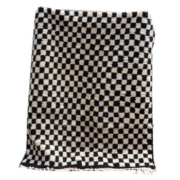 Handmade Moroccan black and white checkerboard wool rug full view minimalist design