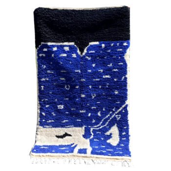 Handmade blue Moroccan rug with abstract Berber design full view