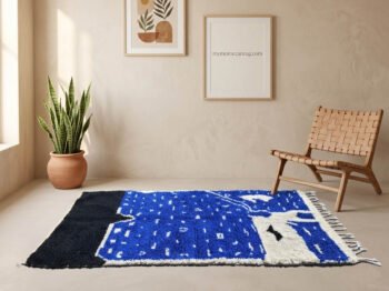 Blue Moroccan rug in bohemian living room with plants and natural decor