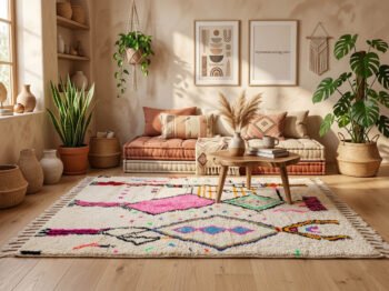 Colorful Moroccan Boujaad rug in bohemian living room with plants and natural decor