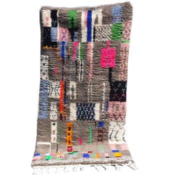 Handmade Moroccan patchwork rug with colorful abstract geometric design full view